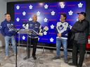 Toronto Maple Leafs great Darryl Sittler (second from left) speaks during a press conference along with (from left) Mark Shapiro, Joey Arfin and Tiger Williams.