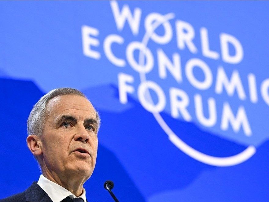 Canada's Prime Minister Mark Carney delivers a speech during the World Economic Forum (WEF) annual meeting in Davos on January 20, 2026. The World Economic Forum takes place in Davos from January 19 to January 23, 2026.