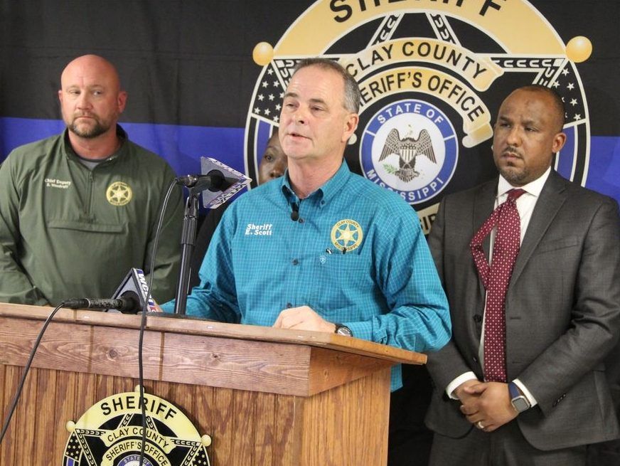 Clay County Sheriff Eddie Scott speaks during a news conference in West Point, Miss., on Saturday, Jan. 10, 2026, accompanied by Chief Deputy Steven 