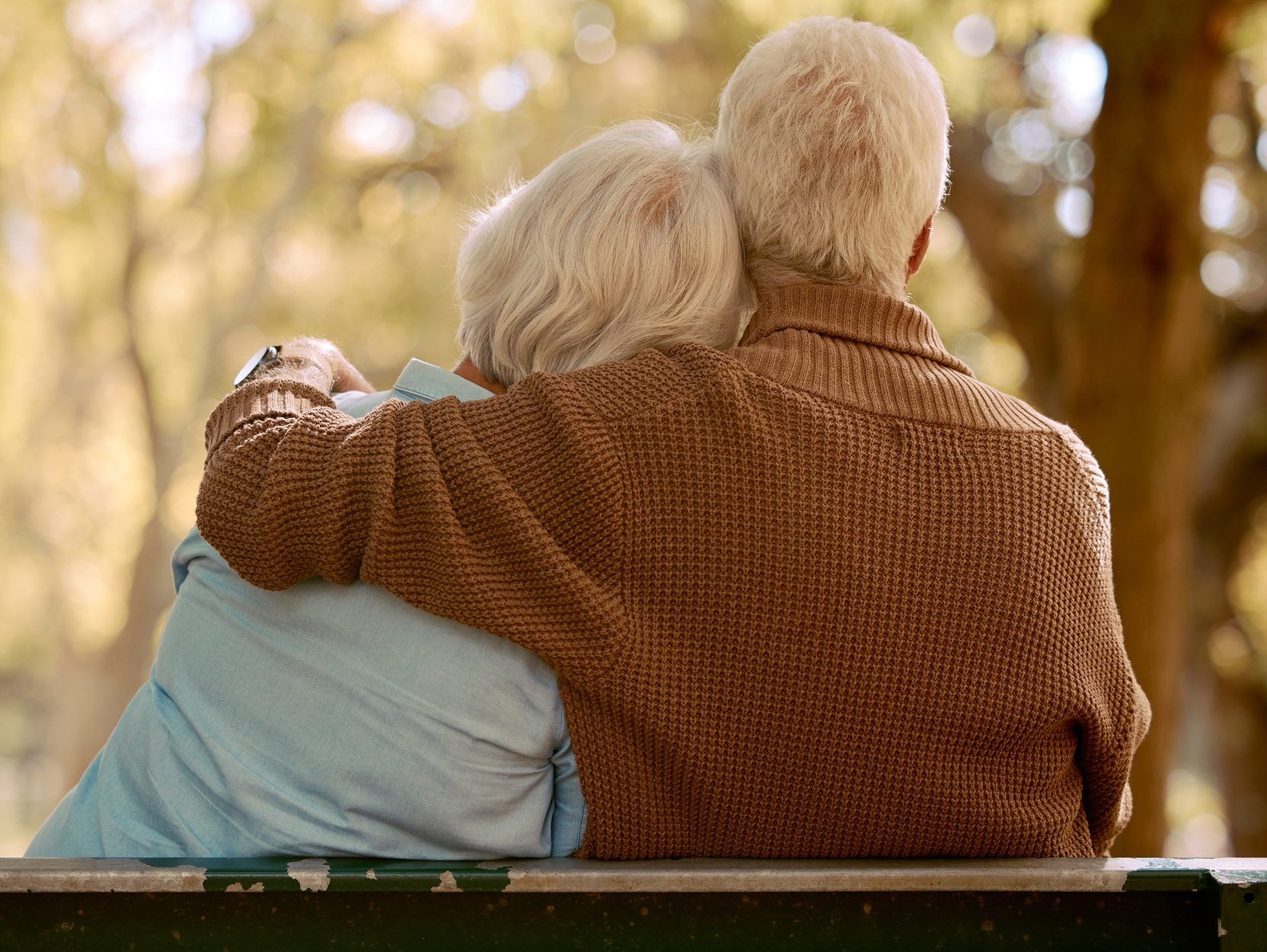 Back of older couple hugging on park bench.
