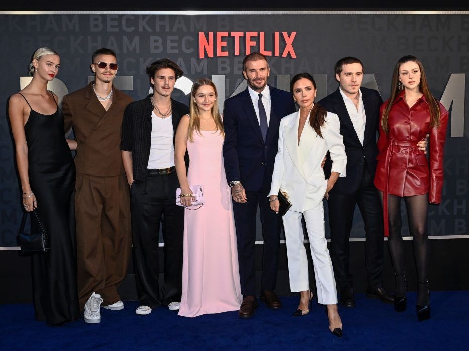 Mia Regan, Romeo Beckham, Cruz Beckham, Harper Beckham, David Beckham, Victoria Beckham, Brooklyn Peltz Beckham and Nicola Peltz Beckham attend the Netflix 'Beckham' UK Premiere at The Curzon Mayfair on October 03, 2023 in London, England.