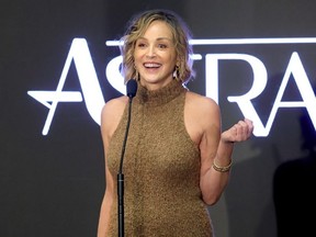 Sharon Stone, winner of the Timeless Award, speaks onstage during the 2026 Astra Film Awards presented by The Hollywood Creative Alliance at Sofitel Los Angeles At Beverly Hills on January 09, 2026 in Los Angeles, California.