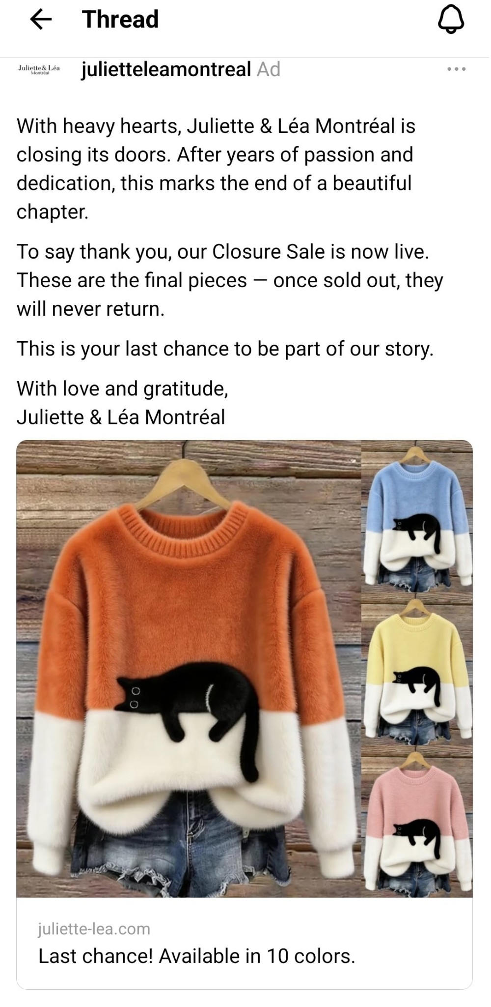  An advertisement promoted on Threads announces a Montreal boutique’s closing sale offering deep discounts.