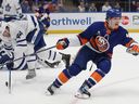 Islanders defenceman Matthew Schaefer celebrates his goal in overtime against the Maple Leafs, Saturday, Jan. 3, 2026, in Elmont, N.Y.