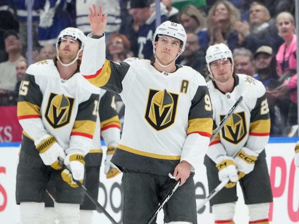 Golden Knights winger Mitch Marner (centre) waves to the crowd after a tribute video while playing against the Maple Leafs in Toronto on Friday, Jan. 23, 2026.