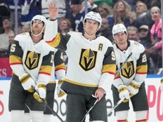 Golden Knights winger Mitch Marner (centre) waves to the crowd after a tribute video while playing against the Maple Leafs in Toronto on Friday, Jan. 23, 2026.
