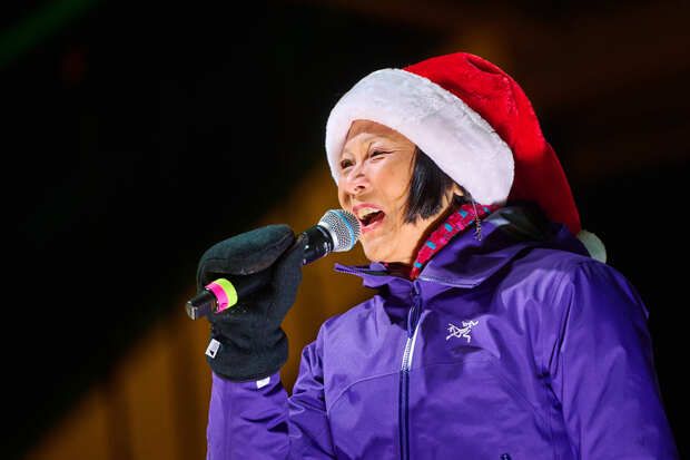 Olivia Chow in a Santa Claus hat