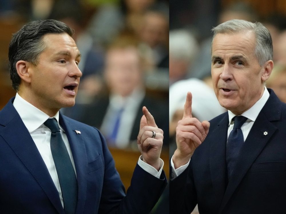 A composite image of Conservative Leader Pierre Poilievre, left, and Prime Minister Mark Carney during question period on Parliament Hill in Ottawa on Tuesday, Jan. 27, 2026. 