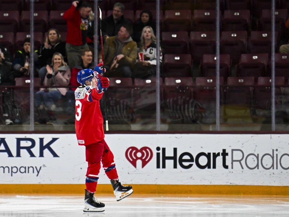 Tomas Galvas of Czechia celebrates after scoring a goal against Switzerland during the second period of the IIHF World Junior Championship quarterfinal game at Mariucci Arena on Friday, Jan. 2, 2026 in Minneapolis.