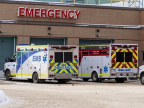 Ambulances line up outside the ambulance bays at the Grey Nuns Community Hospital in Edmonton, Jan 8, 2026.