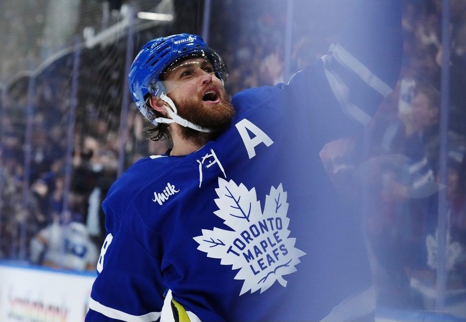Maple Leafs winger William Nylander celebrates his overtime goal against the St. Louis Blues in Toronto on Tuesday, Nov. 18, 2025.