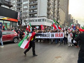 Thousands of demonstrators gathered in Montreal on Saturday, Jan. 10, 2026, to march against Iran's regime in a show of solidarity with anti-government protesters inside the country.