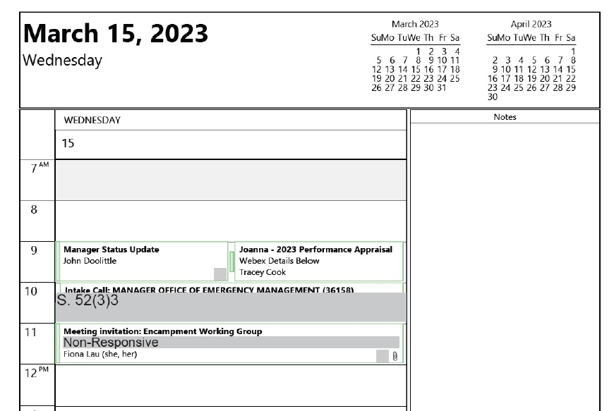  This entry in Joanna Beaven-Desjardins’ appointment calendar appears to show a performance review was carried out by her boss Tracey Cook weeks before Cook’s retirement in 2023. The two have reportedly been friends since 1987.