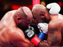 Without his hairpiece, Jarrell Miller (left) punches Kingsley Ibeh during their heavyweight boxing match at Madison Square Garden on Jan. 31, 2026, in New York City.