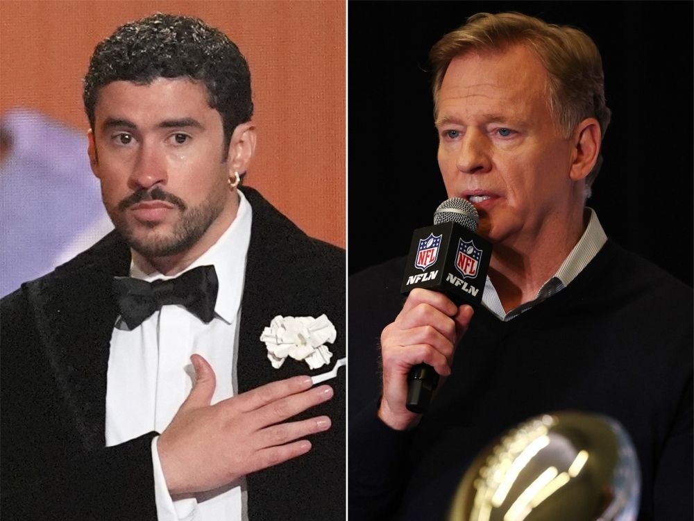 Super Bowl halftime performer Bad Bunny (left) and NFL commissioner Roger Goodell.