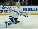 Toronto Maple Leafs goalie Dennis Hildeby blocks the puck during warmups prior to the game against the Utah Mammoth.