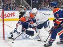 Toronto Maple Leafs' Max Domi is stopped by Edmonton Oilers' goalie Connor Ingram during Tuesday's game.
