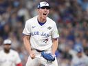 Toronto Blue Jays pitcher Chris Bassitt reacts after the final out of the top of the eighth inning of World Series Game 1.