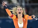 Netherlands' Jutta Leerdam reacts after winning gold in the speed skating women's 1000m during the Milano-Cortina 2026 Winter Olympic Games.