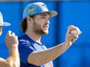 Toronto Blue Jays pitcher Trey Yesavage talks about his pitches at Spring Training in Dunedin, Fla..