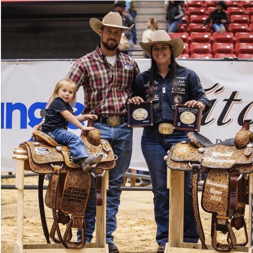 Rodeo rider Kelsie Domer with husband Ryan and daughter Oaklynn. The Domers are mourning the tragic loss of their three-year-old after a freak accident involving a horse.