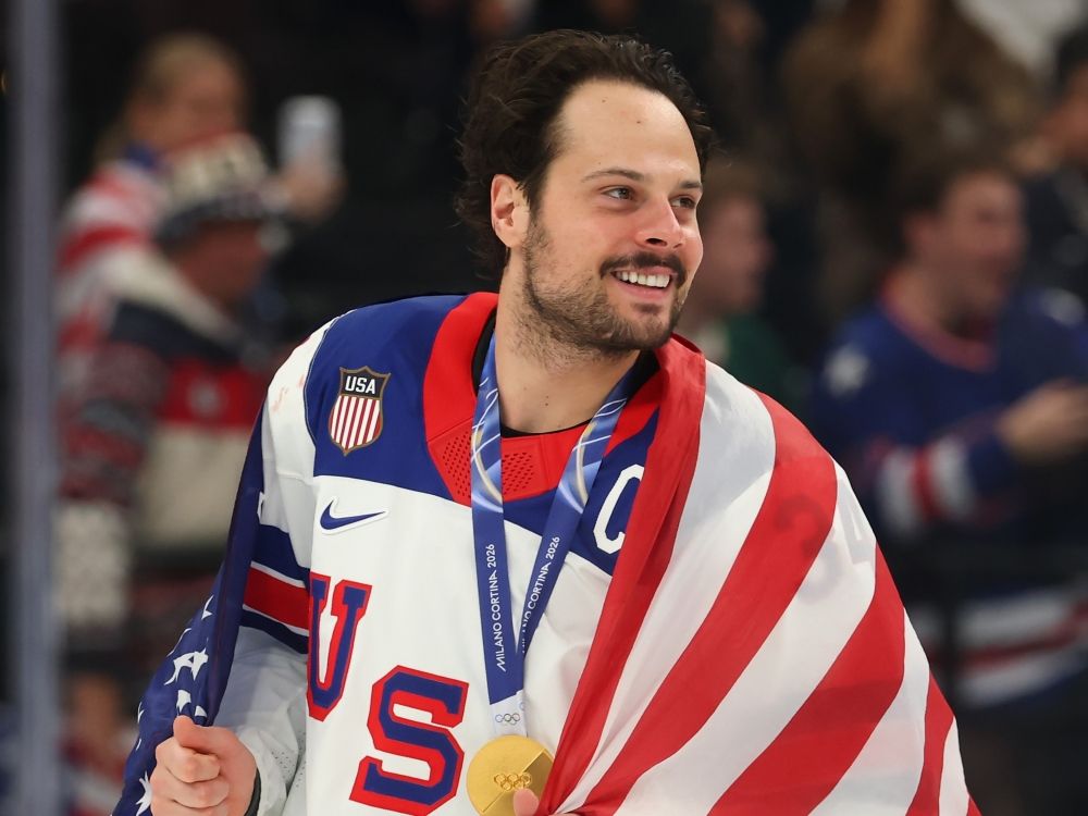 Gold medalist Auston Matthews of Team United States celebrates after the medal ceremony for Men's Ice Hockey at the Milano Cortina 2026 Winter Olympic Games.