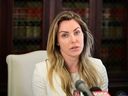 Crystal Hefner, widow of Playboy founder Hugh Hefner, speaks at a press conference to announce steps she is taking to protect sexual images and information about women in Hefner's personal scrapbooks and diary in Los Angeles on February 17, 2026.
