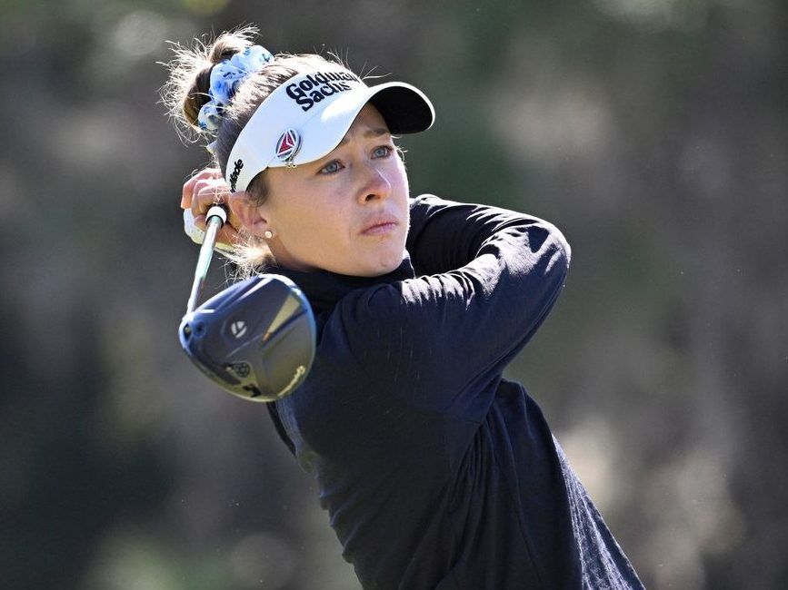 Nelly Korda tees off on the ninth hole during the first round of the Tournament of Champions LPGA golf tournament, Thursday, Jan. 29, 2026, in Orlando, Fla.
