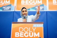 Scarborough Southwest MPP Doly Begum speaks to supporters during a nomination meeting in Scarborough, on Saturday, Feb. 1, 2025.