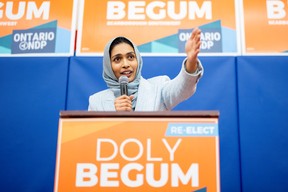 Scarborough Southwest MPP Doly Begum speaks to supporters during a nomination meeting in Scarborough, on Saturday, Feb. 1, 2025.