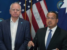 Attorney General Keith Ellison, right, and Minnesota Gov. Tim Walz give a news conference in Blaine, Minn., Sunday, Jan. 25, 2026.