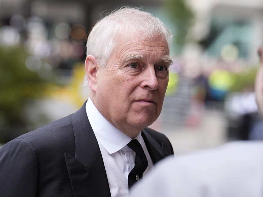Andrew Mountbatten-Windsor, former Duke of York, arrives for the Requiem Mass service for Katharine, Duchess of Kent at Westminster Cathedral on September 16, 2025 in London, England. 