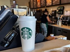 A cup of coffee is seen in a Starbucks coffee shop in Houston on September 25, 2025.