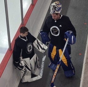 Jordan Binnington offers tips to a Vaughan Kings player.
