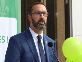 Nolan Quinn, Minister of Colleges, Universities, Research Excellence and Security, takes part in a celebration at the University of Sudbury marking the 50th anniversary of the Franco-Ontarian flag in Sudbury, Ont. on Thursday Sept. 25, 2025.