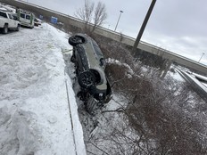 Ontario Provincial Police said a female driver in Niagara Falls last week lost control of her vehicle on a highway ramp where it mounted a snow-covered concrete barrier before coming to a rest on an embankment.