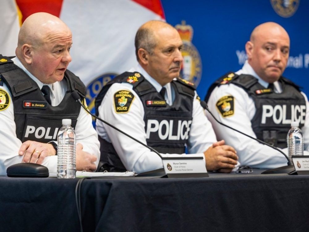  Toronto Police Chief Myron Demkiw, York Regional Police Chief Jim MacSween and York Regional Police Deputy Chief Ryan Hogan announced the results of their corruption probe, Project South, at York Regional Police headquarters in Aurora on Thursday, Feb. 5, 2026.