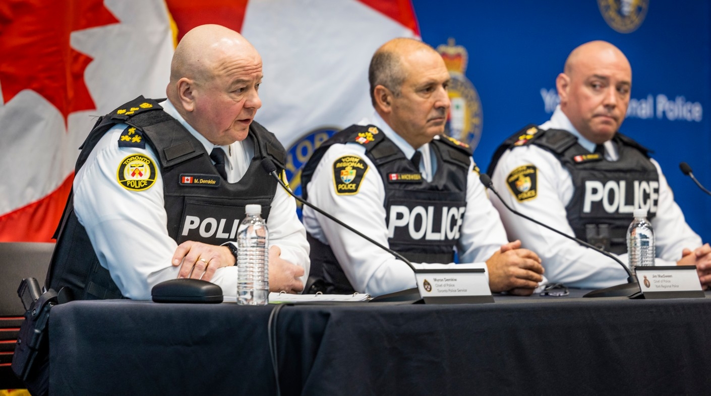  (L to R) Toronto Police Chief Myron Demkiw, York Regional Police Chief Jim MacSween and York Regional Police Deputy Chief Ryan Hogan announced the results of their corruption probe, Project South, at York Regional Police headquarters in Aurora on Thursday, Feb. 5, 2026.
