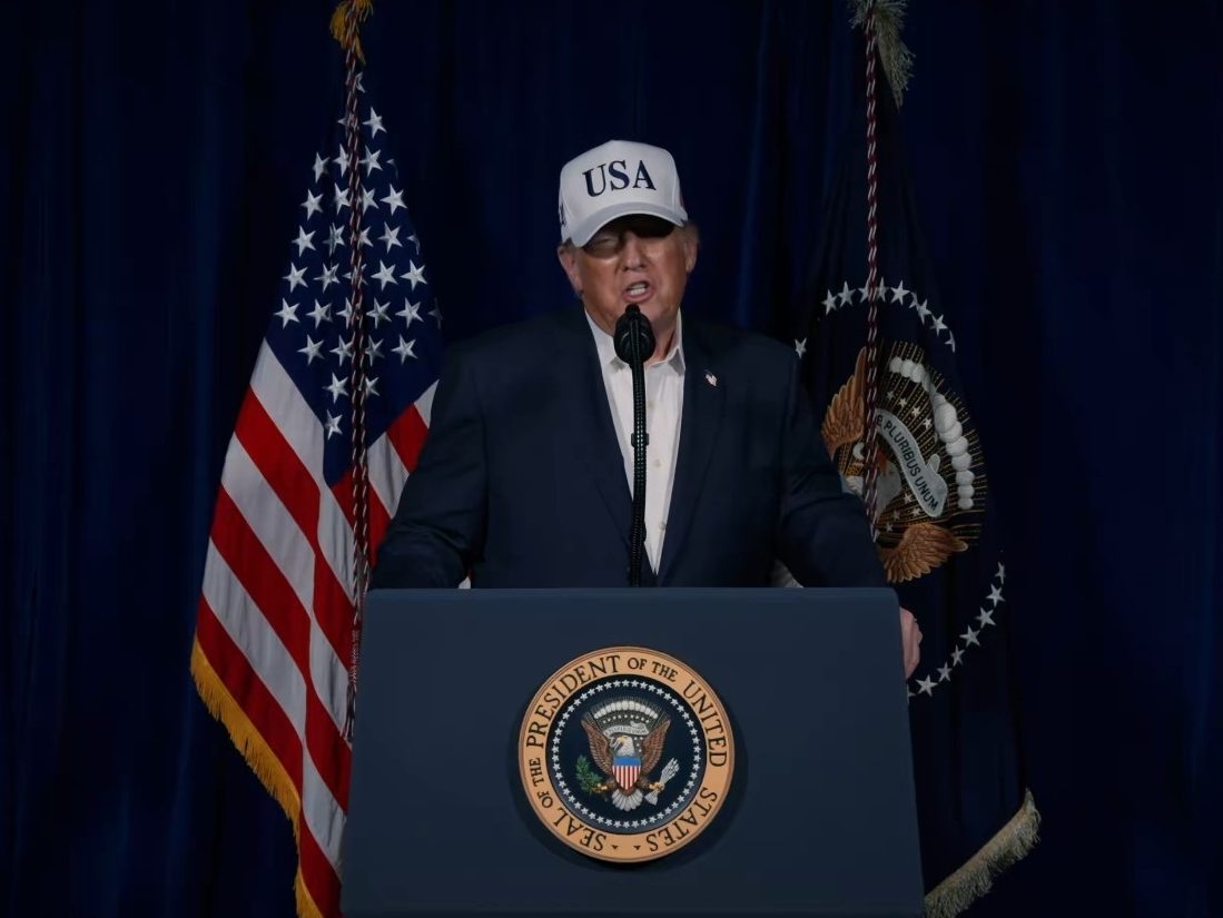  U.S. President Donald Trump announces a declaration of war on Iran and the launch of Operation Epic Fury during an address from a podium at Mar-a-Lago in palm Beach, Florida, on Saturday, Feb. 28, 2026.