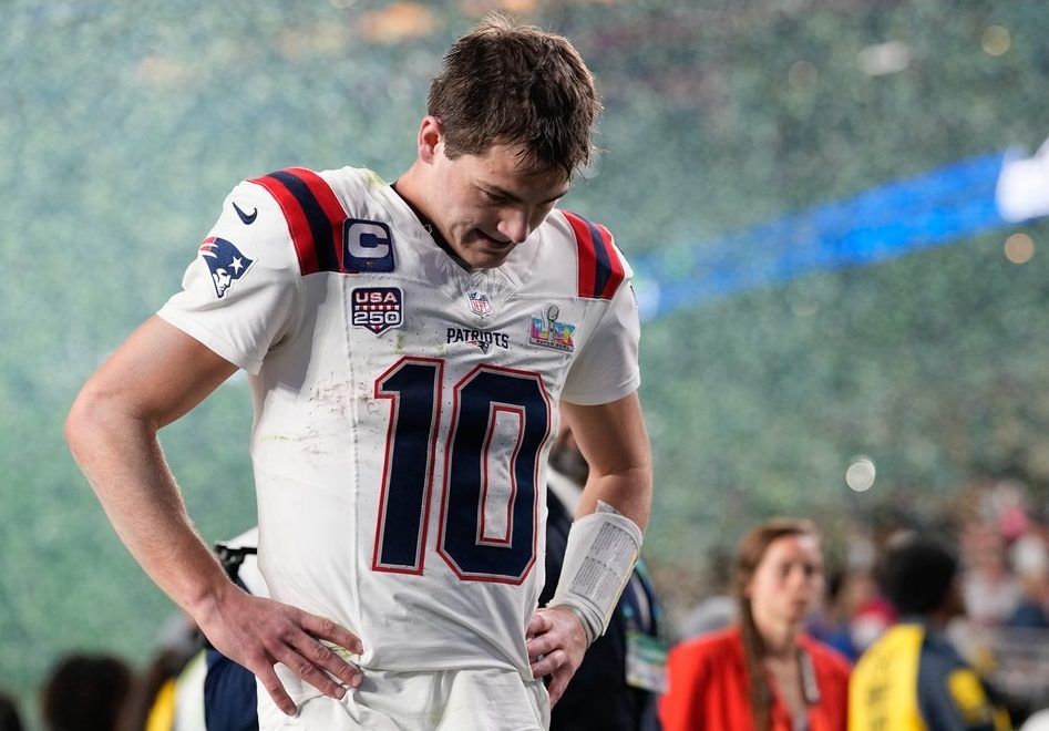 New England Patriots quarterback Drake Maye walks off the field after a loss to the Seattle Seahawks in Super Bowl 60.
