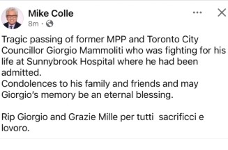  Facebook post by Toronto deputy mayor Mike Colle