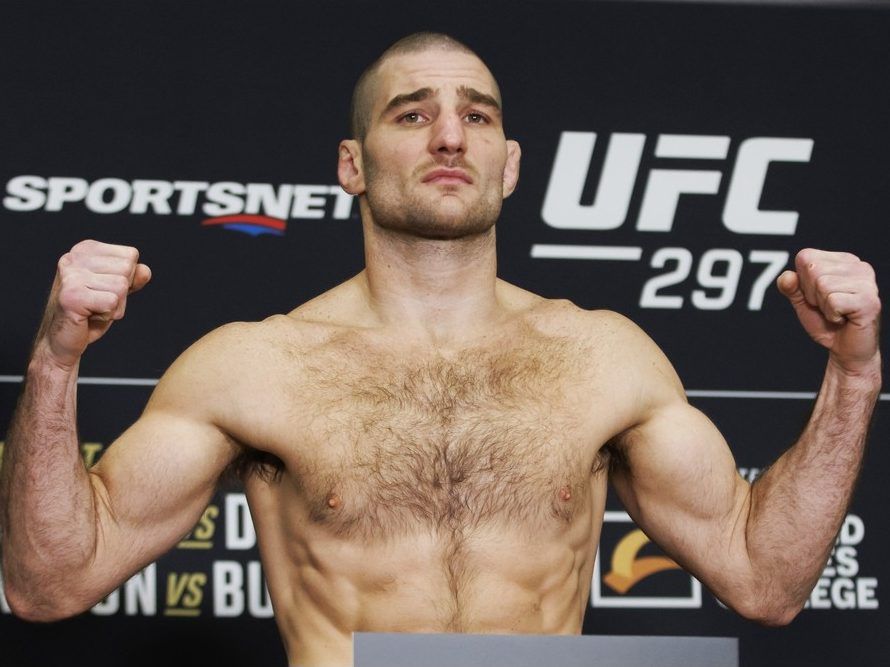 Sean Strickland weighs in ahead of his UFC Middleweight title bout, in Toronto on Friday, Jan. 19, 2024.