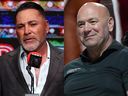 Oscar De La Hoya, left, speaks at a press conference at AVALON Hollywood on January 22, 2026 in Los Angeles, California. Dana White attends Netflix's Canelo vs Crawford at T-Mobile Arena on September 12, 2025 in Las Vegas, Nevada.