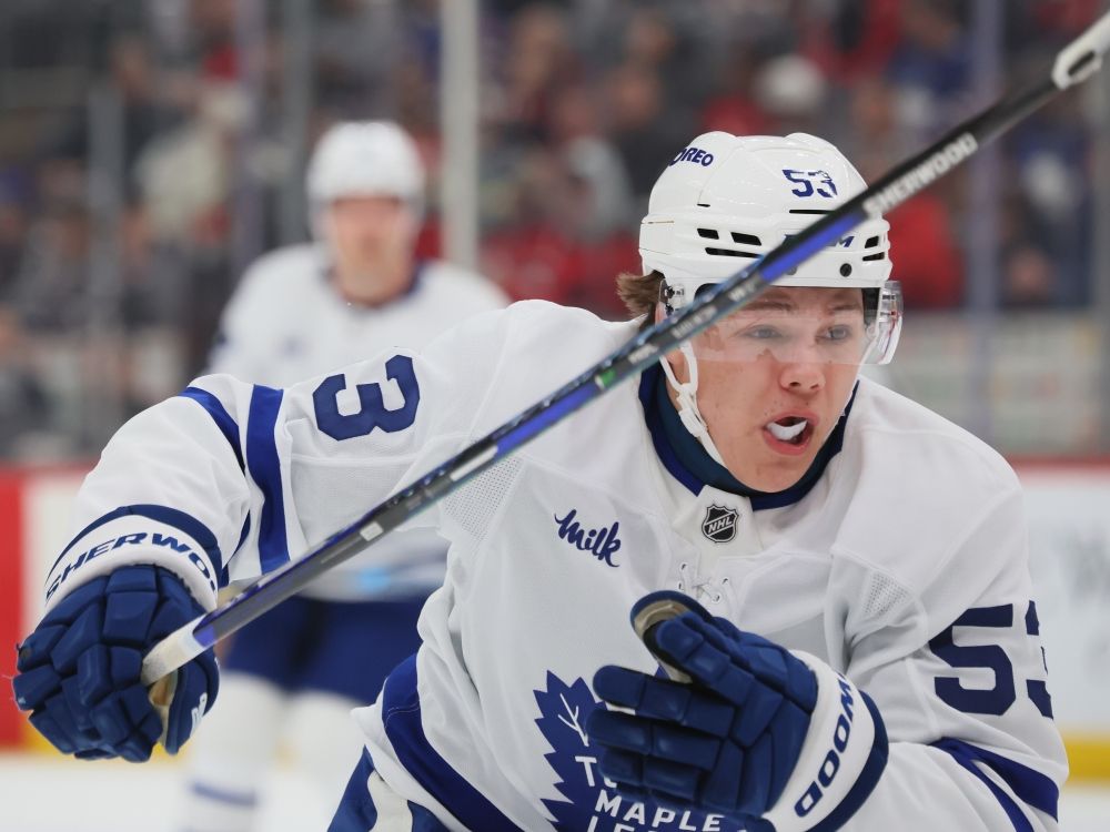 Easton Cowan of the Toronto Maple Leafs skates against the New Jersey Devils during a game last week.