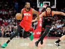 Houston Rockets forward Kevin Durant (7) dribbles as Toronto Raptors forward Scottie Barnes defends during the first half of an NBA basketball game on March 10, 2026, in Houston.