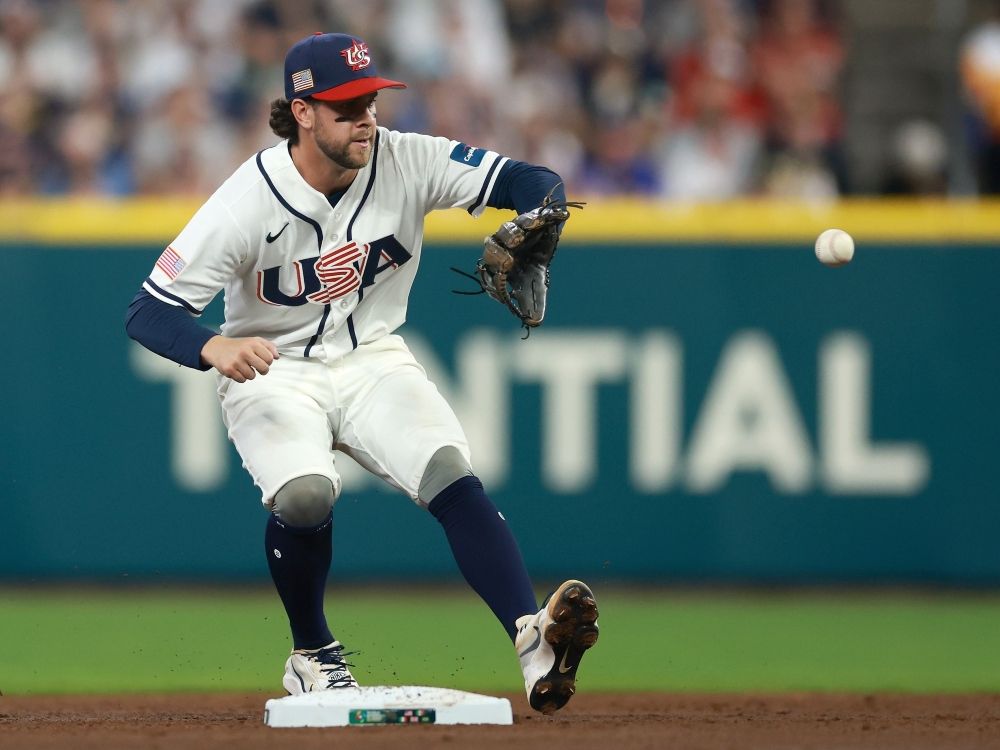 Ernie Clement of Team USA makes a play at second base against Team Italy during the 2026 World Baseball Classic.