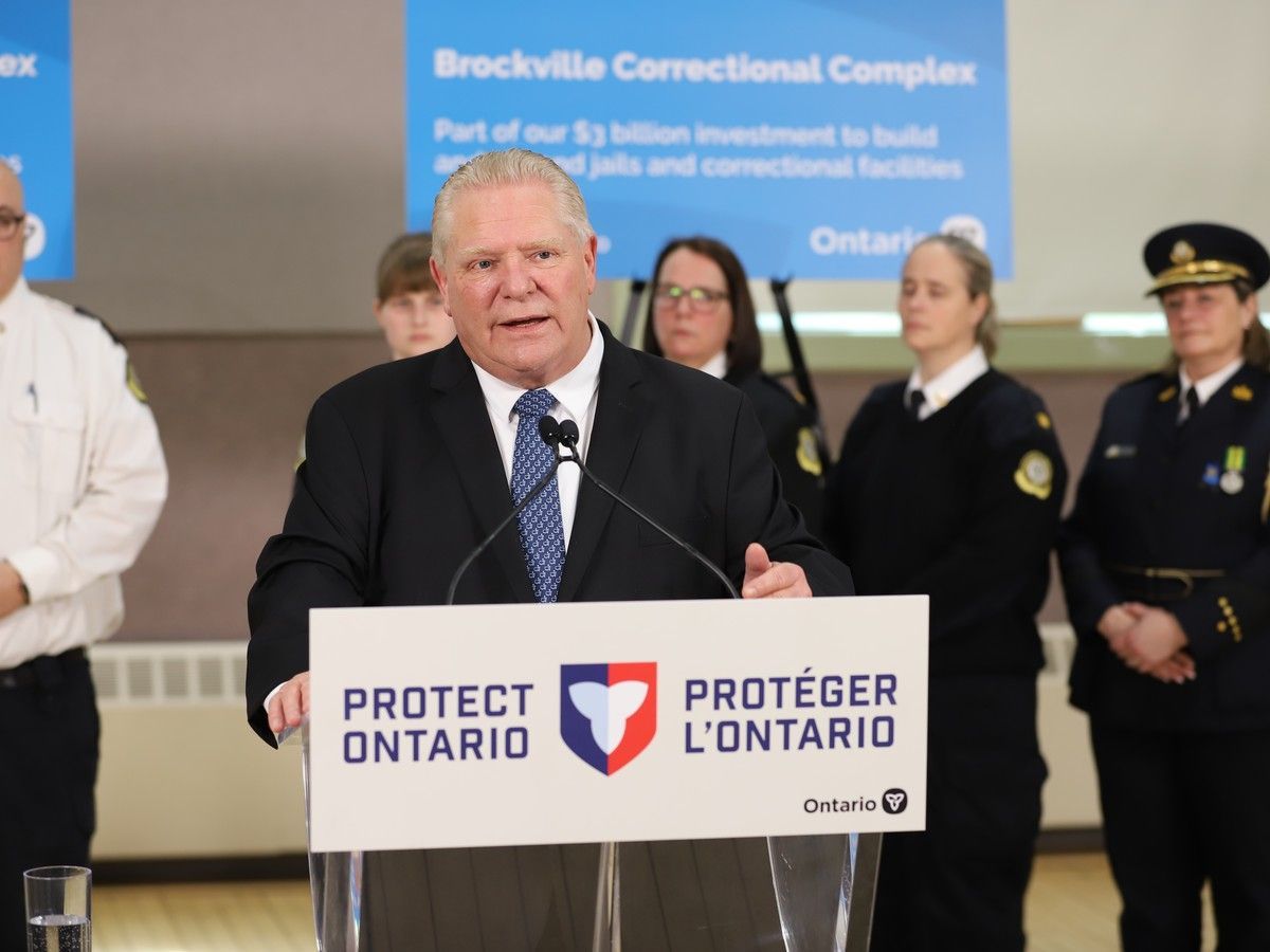 Ontario Premier Doug Ford delivers remarks at Centennial Hall at the future site of the Brockville Correctional Complex, on Monday, March 16, 2026.