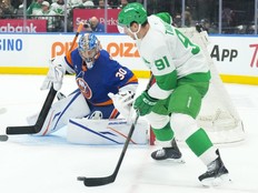New York Islanders goaltender Ilya Sorokin defends his net