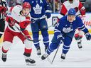 Carolina Hurricanes centre Sebastian Aho (left) and Maple Leafs forward Max Domi battle for the puck in Toronto on March 20, 2026.