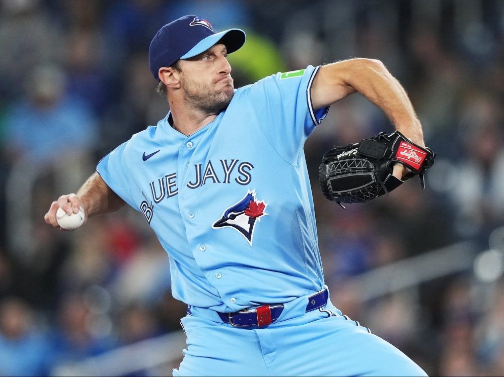 Toronto Blue Jays pitcher Max Scherzer works against the Colorado Rockies during first inning MLB action in Toronto on March 31, 2026.